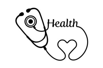 Abstract stethoscope with health text, line art isolated on white background. Healthcare icon to use in health industry, cardiology, medical care, hospital, health science projects.