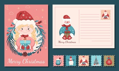 Christmas card design. On the front side there is a Girl in a Christmas hat, on the back there is a Snowman and lines for writing. Holiday stamps. Illustration for vector editing