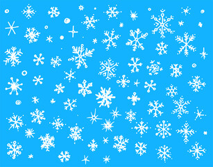 a set of snowflake icons. A hand-drawn, doodle-style isolated collection of various shapes of snowflakes and snowflakes with a white line on blue for a winter design template. the symbol of winter hol