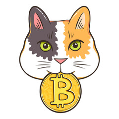 Lucky calico crypto cat holding Bitcoin in mouth, funny poster for someone who love cats and crypto coins
