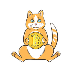 Funny orange cat holding Bitcoin, hand drawn cat with crypto coin design