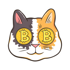 Calico cat with bitcoin eyes hand drawn design. Crypto cat modern art idea