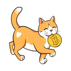 Crypto cat holding Bitcoin in mouth. Funny cat carrying crypto coin and walking hand drawn vector illustration