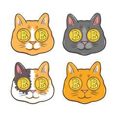 Crypto cats with bitcoin eyes set of 4 stickers, hand drawn funny design for stickers or t-shirt prints for someone who loves cats and bitcoins