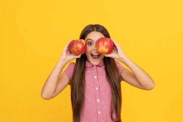 amazed kid hold healthy apple fruit with vitamin, vitamin