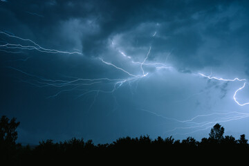 Naklejka na ściany i meble Electrical discharges during a summer storm, branched lightning bolts in the night sky.