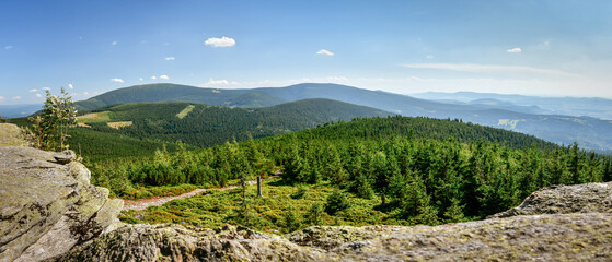 Mountain landscape, view of the Snieznik Massif from a vantage point on the mountain hiking trail at the top of the Czarna Gora mountain, sunny summer day. - obrazy, fototapety, plakaty