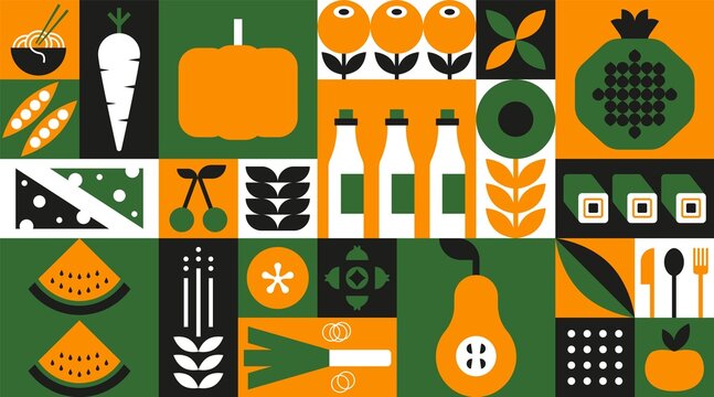 Food geometric mosaic background. Natural organic vegetable fruit pattern simple swiss bauhaus style. Vector illustration