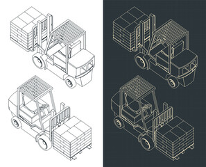Isometric drawings of forklift with cargo © blacklight_trace