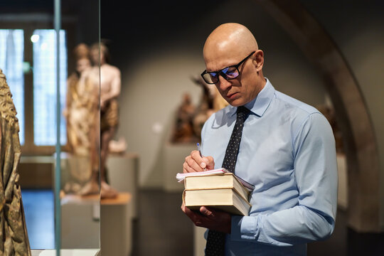 Portrait man looking art gallery or museum.