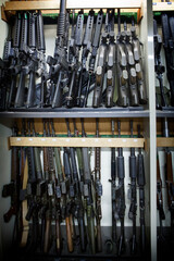 Criminal research ballistics department: stock of reference weapons. - obrazy, fototapety, plakaty