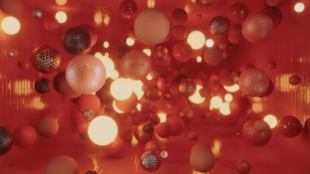 Camera pushes into a room full of dynamic floating spheres. 4K CGI animation.