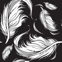 Feather seamless pattern. Decorative ornate white feathers on black background. Monochrome vector illustration for fashion textile, wrapping paper.