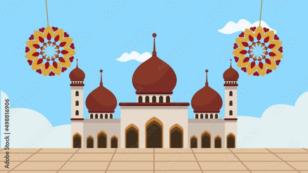 Sticker eid mubarak animation with mosque and mandalas