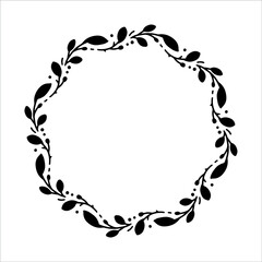 Vector hand drawn spring wreath isolated on white background. Silhouette circle of leaves. Doodle style. Floral monogram frame.