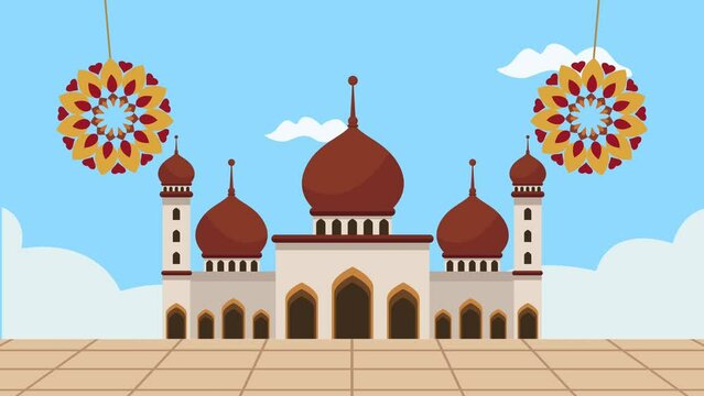 eid mubarak animation with mosque and mandalas