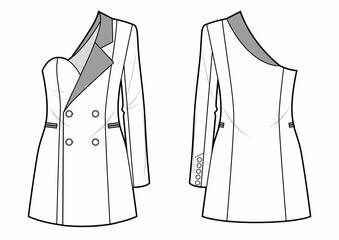 Fashion drawing of one-shoulder asymmetric jacket dress