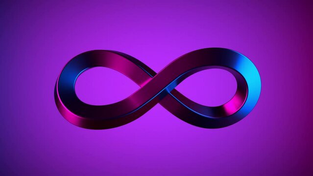 Infinity neon sign on purple background. Ultraviolet spectrum, quantum energy, pink blue violet. Financial, social media, presentation, design template element. Seamless loop, 3d animation in 4K