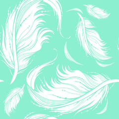 Fototapeta na wymiar Feather seamless pattern. Decorative ornate white feathers on mint green background. Monochrome vector illustration for fashion textile, wrapping paper.