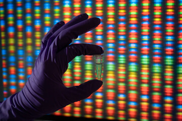 Hand holding a tube of DNA samples in front of a picture of a genome.