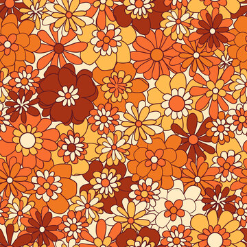 Boho vector background. Floral vintage seamless pattern. Hippie flower power retro textile print. Groovy botanical wallpaper