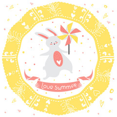 Cute greeting card in vector. Lovely background with bunny, pinwheel, ornate frame with sun, flowers, cheerful text. Inspirational poster, banner or sticker in childish funny style. Love summer