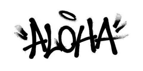 Sprayed aloha font graffiti with overspray in black over white. Vector illustration. © Yevhen
