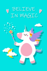 Magical cute Unicorn Template for Birthday party Invitation Card, Baby Shower, children prints, posters, Decoration Text - Believe in magic. EPS