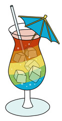 Tiki cocktail in hurricane glass in rainbow LGBT equality flag colors. For gay bar diversity pride party invitations, cards or stickers. Doodle cartoon illustration isolated on white background