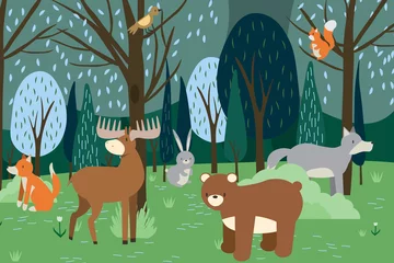  Cartoon forest animals. Wild bear, funny squirrel and cute birds on forests trees kids vector background illustration EPS © alxyzt