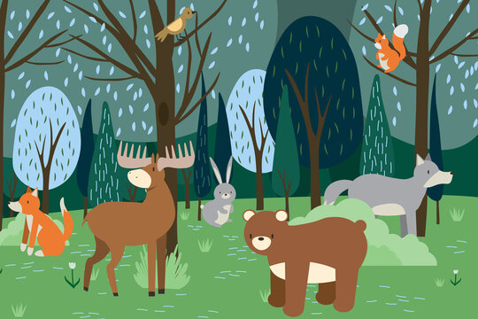 Cartoon Forest Animals. Wild Bear, Funny Squirrel And Cute Birds On Forests Trees Kids Vector Background Illustration EPS