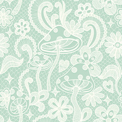 Psychedelic hippie seamless pattern. Lace texture vector illustration. Groovy botanical background with flowers and mushrooms. 60s hippy aesthetique