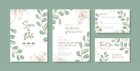 Fototapeta na wymiar Beautiful wedding invitation template with watercolor eucalyptus