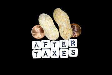After Taxes peanuts and Pennies. Two cents black background.