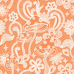 Psychedelic hippie seamless pattern. Lace texture vector illustration. Groovy botanical background with flowers and mushrooms. 60s hippy aesthetique