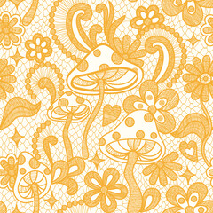 Psychedelic hippie seamless pattern. Lace texture vector illustration. Groovy botanical background with flowers and mushrooms. 60s hippy aesthetique