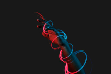 Technology hand with light on grey background