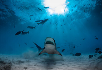 Obraz premium Diving with sharks and fish in a beautiful fantastic landscape of Indian ocean and Maldives island