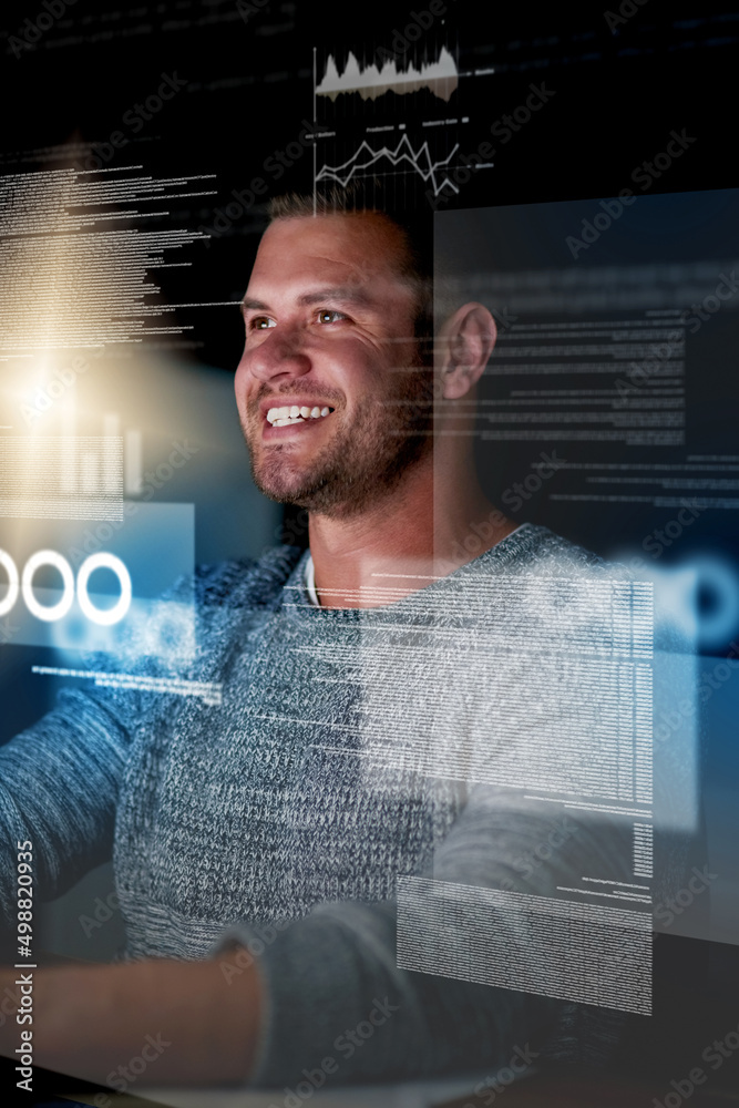 Poster Watching his code in action. Shot of a smiling computer programmer working at his computer late at night.