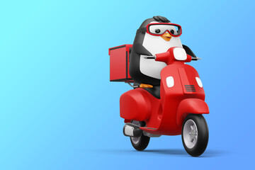 Cute penguin riding scooter, penguin delivery, 3d rendering