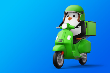 Cute penguin riding scooter, penguin delivery, 3d rendering