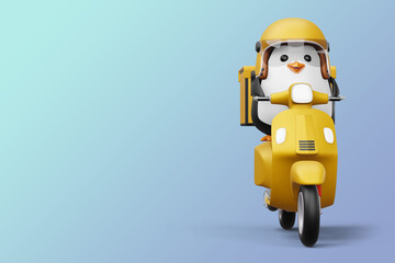 Cute penguin riding scooter, penguin delivery, 3d rendering