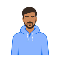 Young indian or arabic man with beard character design. Smiling Man with blue hoodie. Vector illustration
