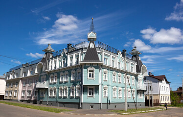 Fototapeta na wymiar Rybinsk, Russia. Beautiful house against the sky in a small Russian town