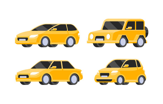 Yellow Cars icons collection. Vector illustration in flat style. Cars and vehicles transport concept. Isolated on white background. Set of of different models of cars