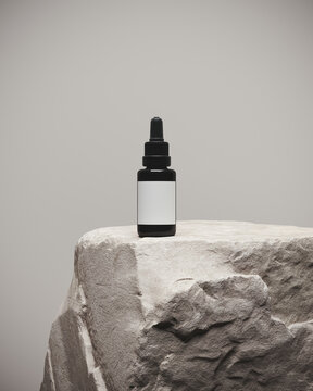 Minimal mockup background for product presentation. Stone podium and cosmetic bottle on grey background. 3d rendering illustration. Clipping path of each element included.