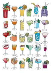A4 poster size collection set of bar cocktails in rainbow LGBT colors gradient. For gay bar diversity pride party invitations, cards or stickers. Doodle cartoon style illustration on white background