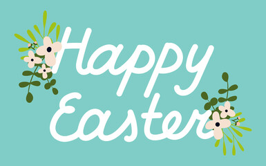 Happy Easter banner, postcard, cover. Design with typography and spring flowers hand-painted. Horizontal poster vector flat design.