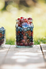 Glassware with different fresh berries on an old wooden bench. Fresh garden berries, blueberry,currant, cherry