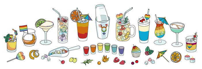 Bar cocktails, shaker and snacks collection set in rainbow LGBT colors. For gay bar diversity pride party invitations, cards or stickers. Doodle cartoon style illustration.